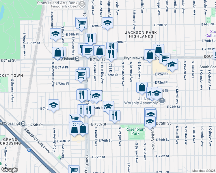 map of restaurants, bars, coffee shops, grocery stores, and more near 7239 South East End Avenue in Chicago
