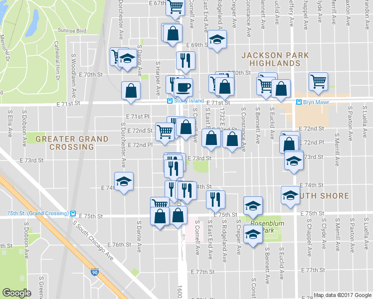 map of restaurants, bars, coffee shops, grocery stores, and more near 7240 South Cornell Avenue in Chicago