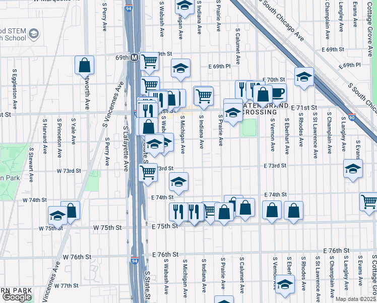 map of restaurants, bars, coffee shops, grocery stores, and more near 7227 South Michigan Avenue in Chicago