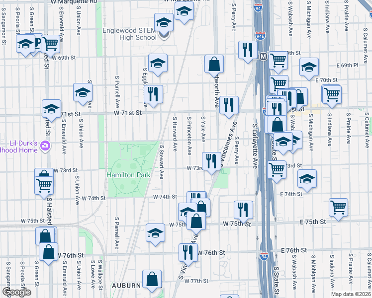 map of restaurants, bars, coffee shops, grocery stores, and more near 7217 South Harvard Avenue in Chicago