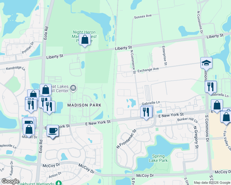 map of restaurants, bars, coffee shops, grocery stores, and more near 3443 Bradbury Circle in Aurora