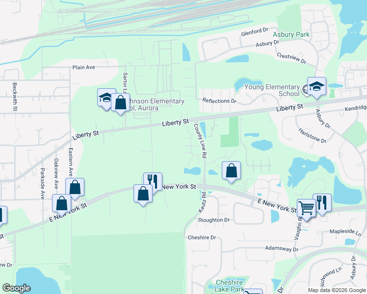 map of restaurants, bars, coffee shops, grocery stores, and more near 560 Declaration Lane in Aurora