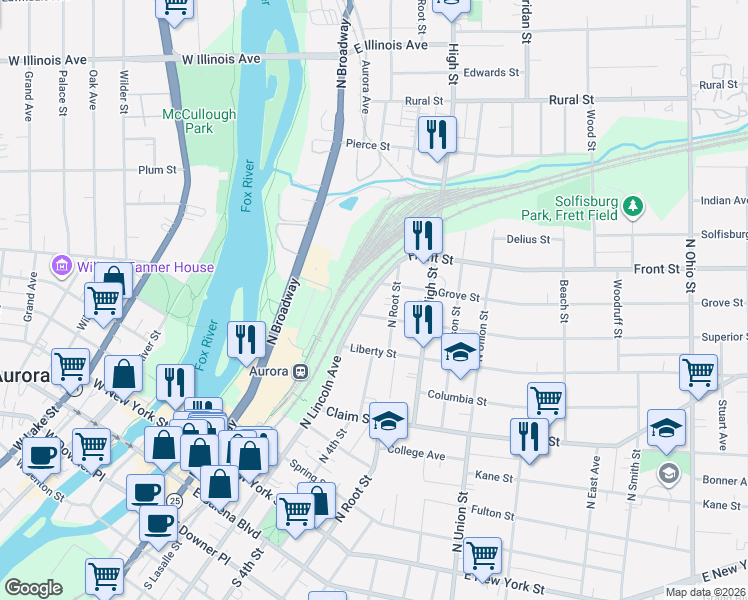 map of restaurants, bars, coffee shops, grocery stores, and more near 367 North Lincoln Avenue in Aurora