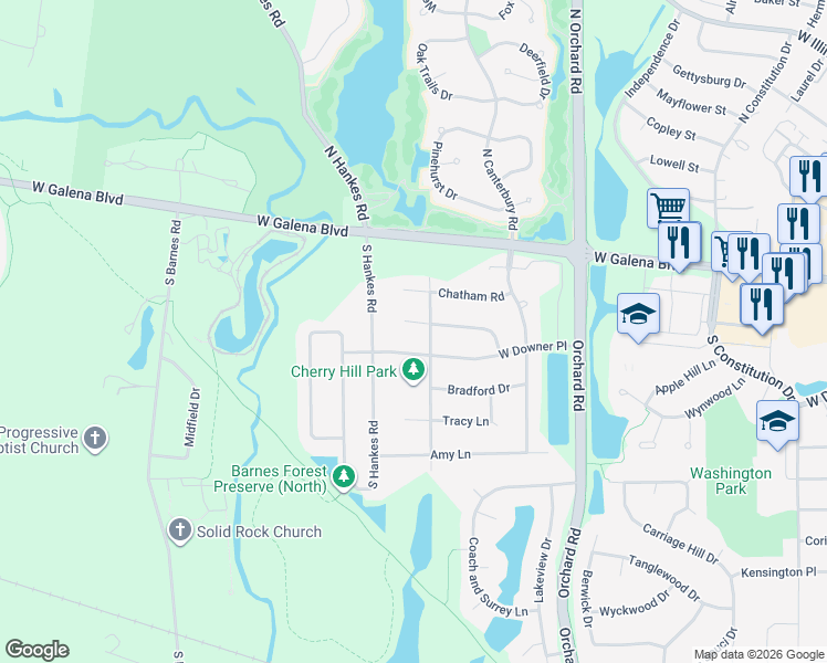 map of restaurants, bars, coffee shops, grocery stores, and more near 2504 Cambridge Circle in Aurora