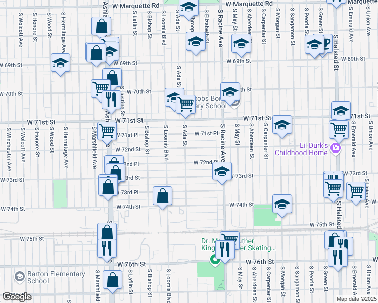 map of restaurants, bars, coffee shops, grocery stores, and more near 1275 West 72nd Street in Chicago