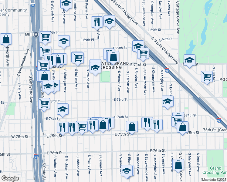 map of restaurants, bars, coffee shops, grocery stores, and more near 7229 South King Drive in Chicago