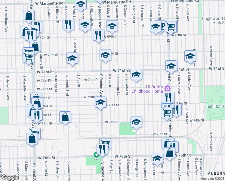 map of restaurants, bars, coffee shops, grocery stores, and more near 7205 South May Street in Chicago
