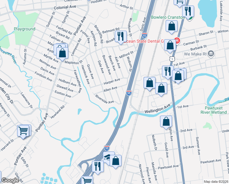 map of restaurants, bars, coffee shops, grocery stores, and more near 9 Reed Avenue in Cranston