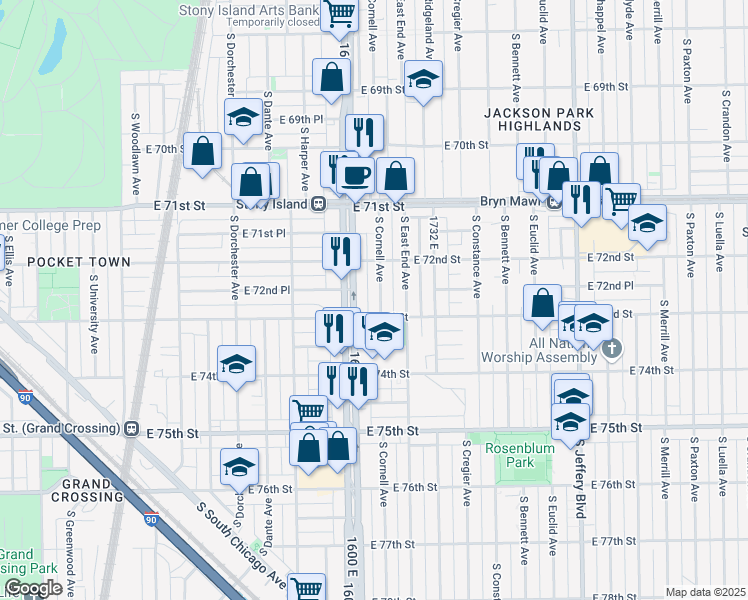 map of restaurants, bars, coffee shops, grocery stores, and more near 7240 South Cornell Avenue in Chicago