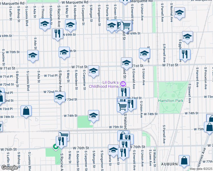 map of restaurants, bars, coffee shops, grocery stores, and more near 7208 South Peoria Street in Chicago