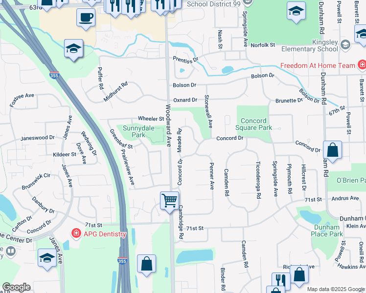 map of restaurants, bars, coffee shops, grocery stores, and more near 6801 Meade Road in Downers Grove