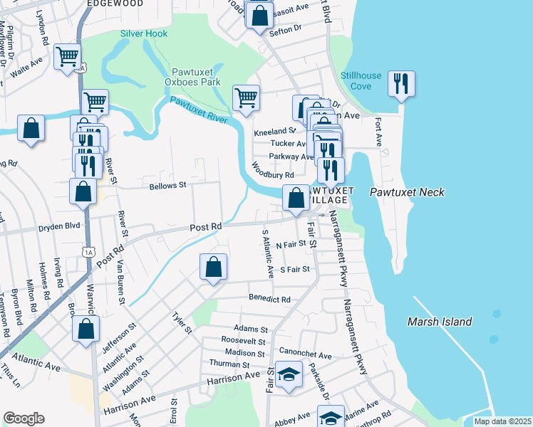 map of restaurants, bars, coffee shops, grocery stores, and more near 127 Post Road in Warwick