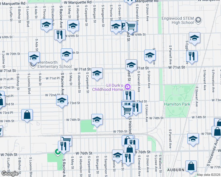 map of restaurants, bars, coffee shops, grocery stores, and more near 7209 South Peoria Street in Chicago