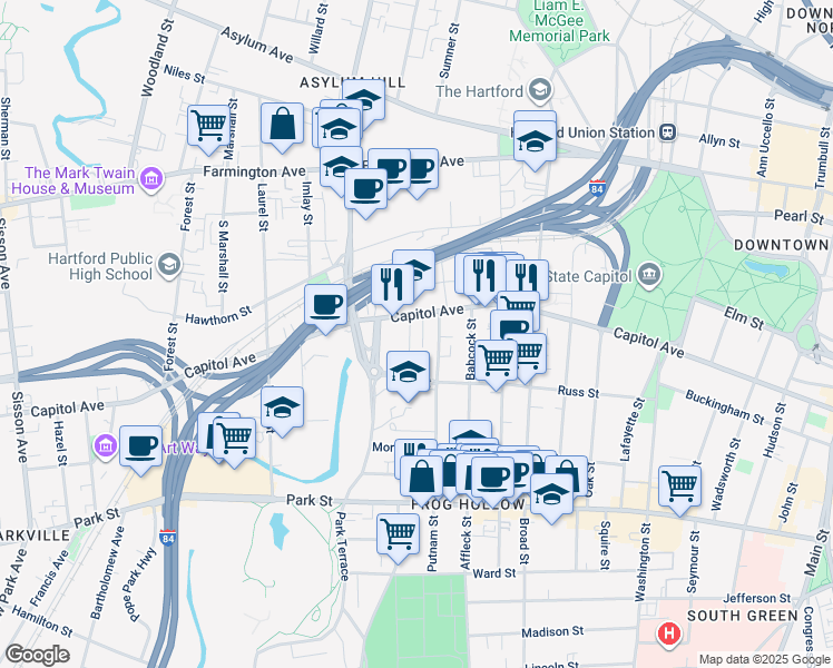 map of restaurants, bars, coffee shops, grocery stores, and more near 14 Columbia Street in Hartford