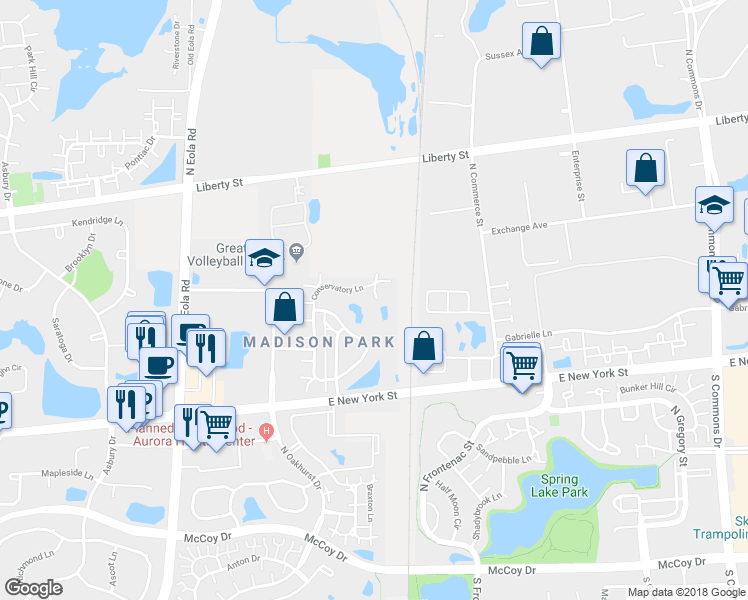 map of restaurants, bars, coffee shops, grocery stores, and more near 621 Conservatory Lane in Aurora