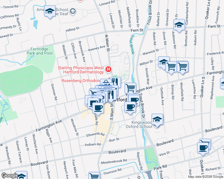 map of restaurants, bars, coffee shops, grocery stores, and more near 15 North Main Street in West Hartford