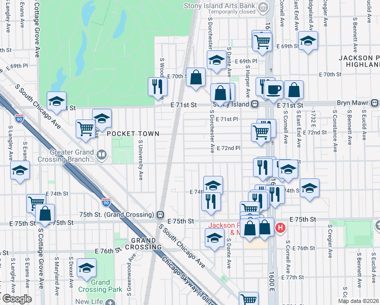 map of restaurants, bars, coffee shops, grocery stores, and more near 1311 East 72nd Place in Chicago