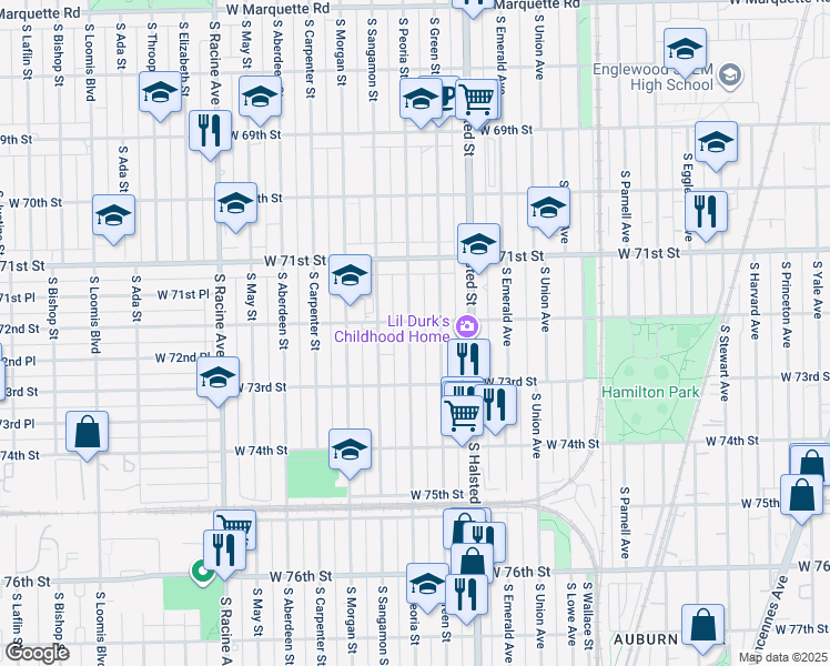 map of restaurants, bars, coffee shops, grocery stores, and more near 7209 South Peoria Street in Chicago