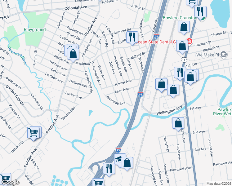 map of restaurants, bars, coffee shops, grocery stores, and more near 2 Linden Avenue in Cranston