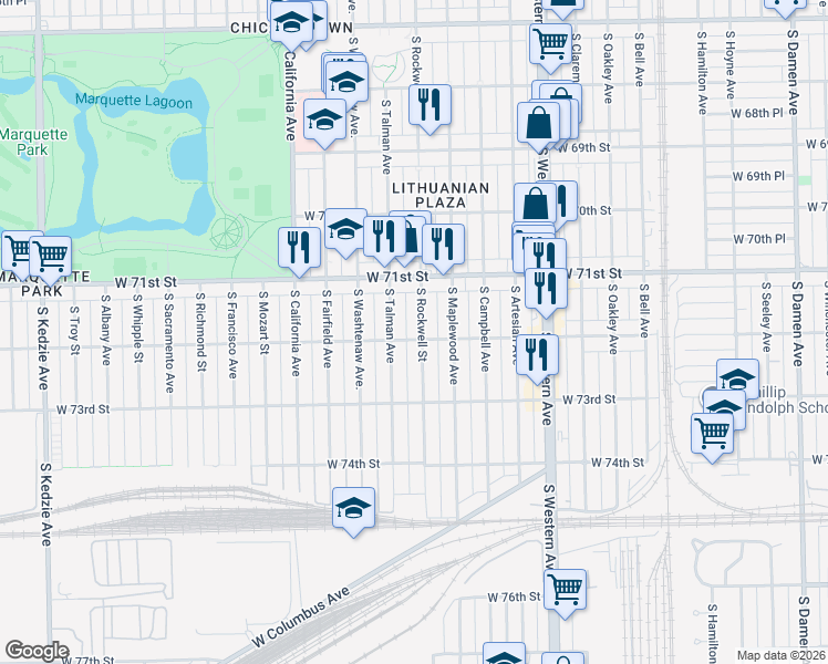 map of restaurants, bars, coffee shops, grocery stores, and more near 7154 South Rockwell Street in Chicago