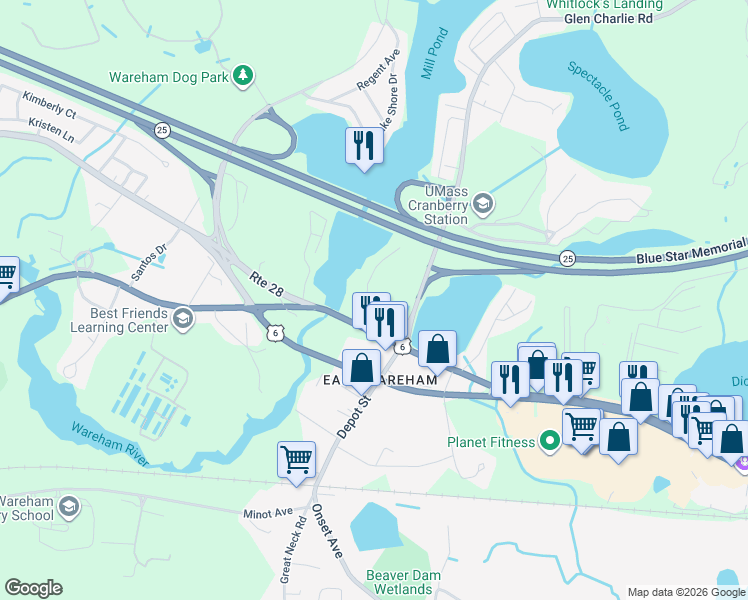 map of restaurants, bars, coffee shops, grocery stores, and more near 9 Glen Charlie Road in Wareham
