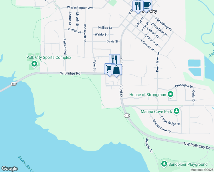map of restaurants, bars, coffee shops, grocery stores, and more near 408 Sandpiper Court in Polk City