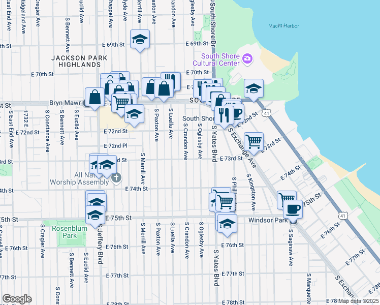 map of restaurants, bars, coffee shops, grocery stores, and more near 7247 South Crandon Avenue in Chicago