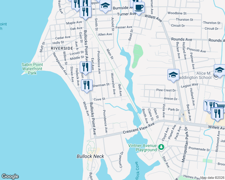 map of restaurants, bars, coffee shops, grocery stores, and more near 80 Hartford Avenue in East Providence