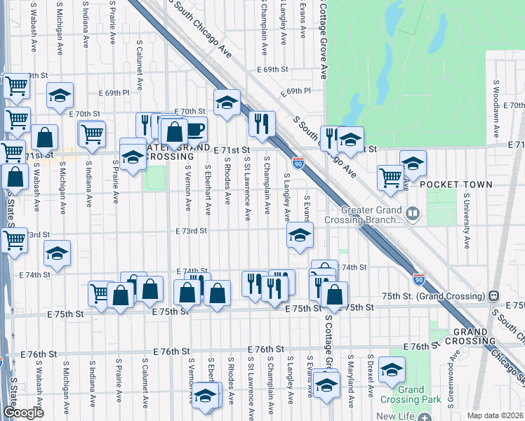 map of restaurants, bars, coffee shops, grocery stores, and more near 7231 South Champlain Avenue in Chicago
