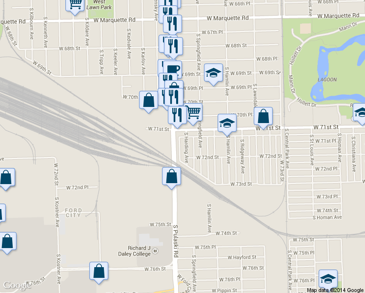 map of restaurants, bars, coffee shops, grocery stores, and more near 7134 South Harding Avenue in Chicago
