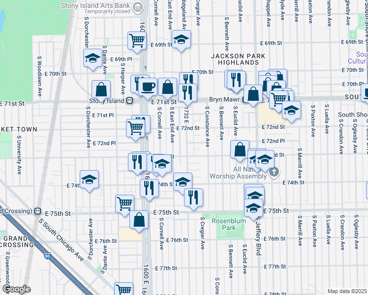 map of restaurants, bars, coffee shops, grocery stores, and more near 7243 South Ridgeland Avenue in Chicago