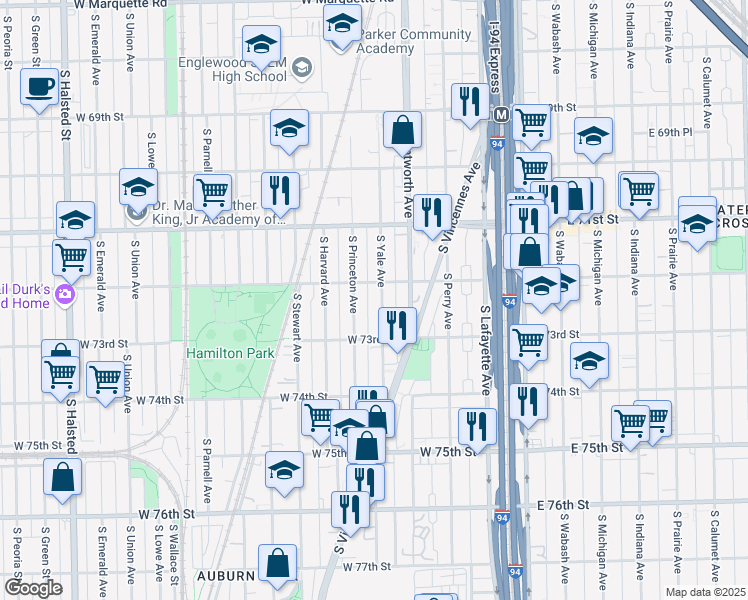 map of restaurants, bars, coffee shops, grocery stores, and more near 7216 South Yale Avenue in Chicago