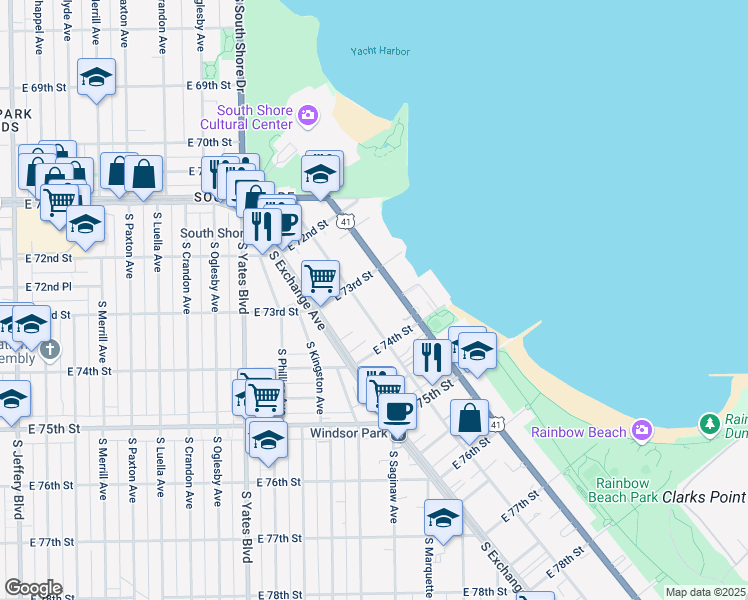 map of restaurants, bars, coffee shops, grocery stores, and more near 7325 South Coles Avenue in Chicago