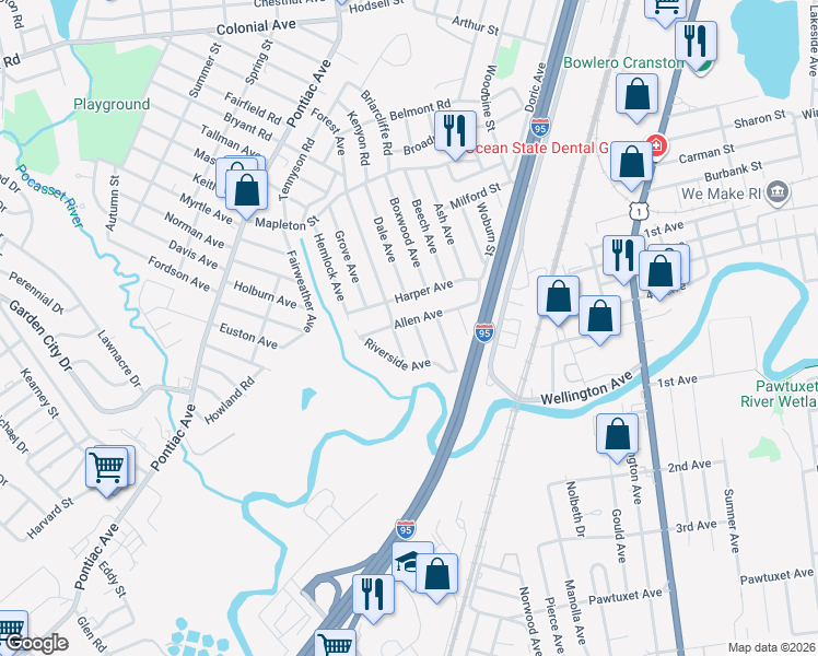 map of restaurants, bars, coffee shops, grocery stores, and more near 2 Linden Avenue in Cranston