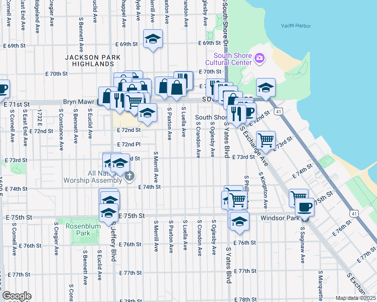 map of restaurants, bars, coffee shops, grocery stores, and more near 7247 South Luella Avenue in Chicago
