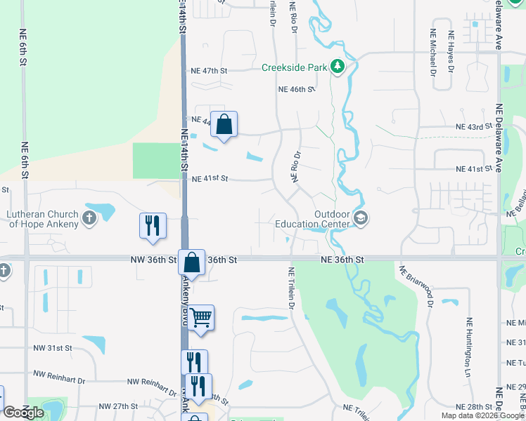 map of restaurants, bars, coffee shops, grocery stores, and more near 3807 Northeast Marissa Lane in Ankeny