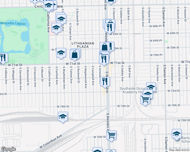 map of restaurants, bars, coffee shops, grocery stores, and more near 7157 South Campbell Avenue in Chicago