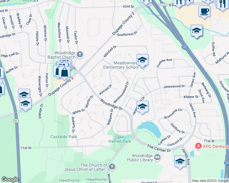 map of restaurants, bars, coffee shops, grocery stores, and more near 2705 Ohare Court in Woodridge