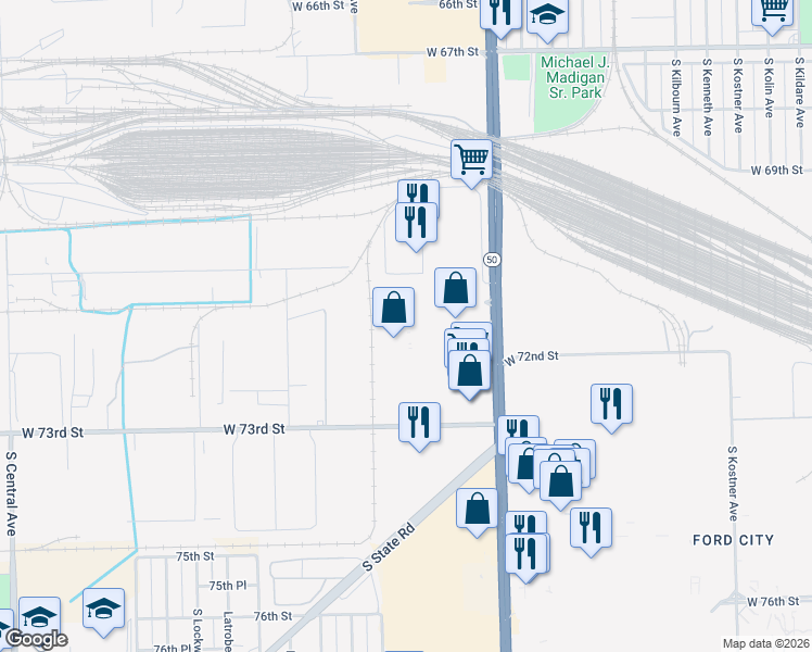 map of restaurants, bars, coffee shops, grocery stores, and more near 7150 South Cicero Avenue in Chicago