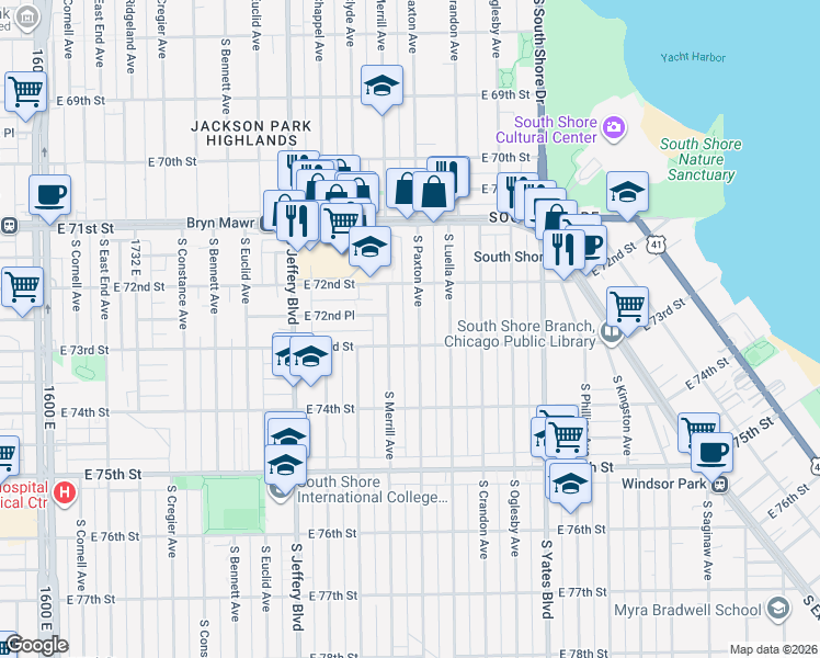 map of restaurants, bars, coffee shops, grocery stores, and more near 7248 South Paxton Avenue in Chicago