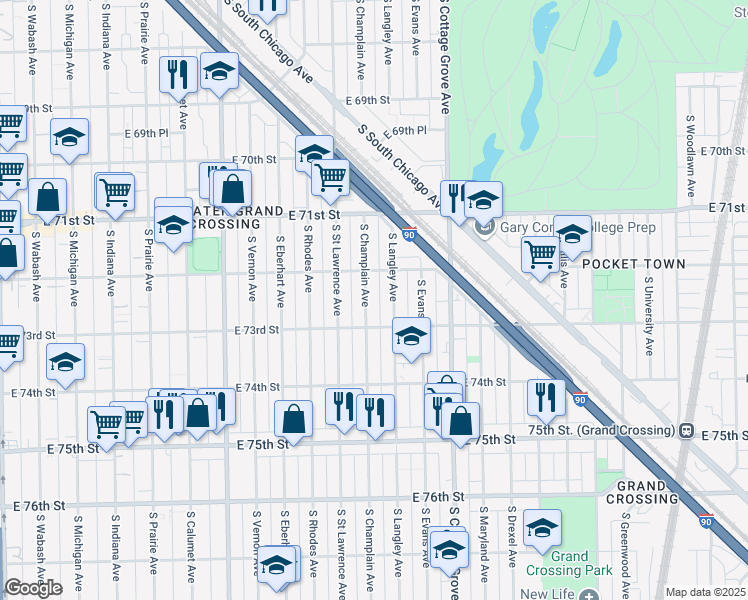 map of restaurants, bars, coffee shops, grocery stores, and more near 7231 South Champlain Avenue in Chicago
