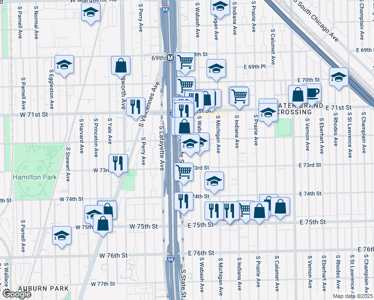 map of restaurants, bars, coffee shops, grocery stores, and more near 7217 South State Street in Chicago