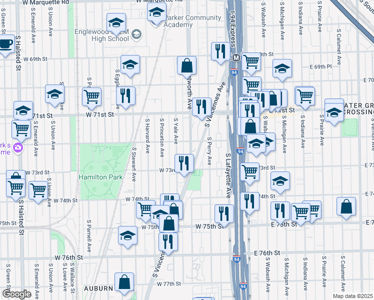 map of restaurants, bars, coffee shops, grocery stores, and more near 7216 South Wentworth Avenue in Chicago