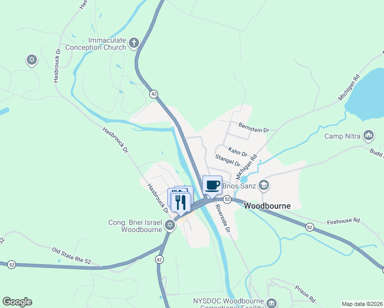 map of restaurants, bars, coffee shops, grocery stores, and more near 6207 New York 42 in Woodbourne