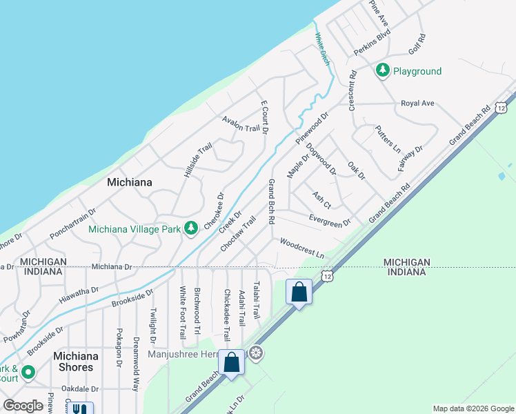 map of restaurants, bars, coffee shops, grocery stores, and more near 4164 Choctaw Trail in Michiana