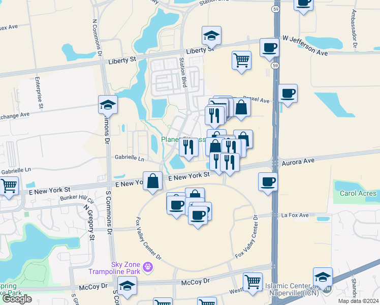 map of restaurants, bars, coffee shops, grocery stores, and more near 4234 Central Park Lane in Aurora