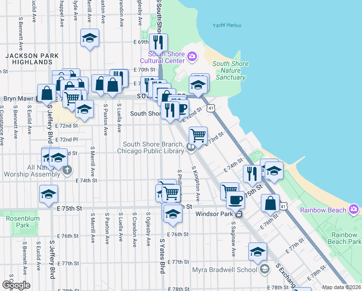 map of restaurants, bars, coffee shops, grocery stores, and more near 7251 South Phillips Avenue in Chicago