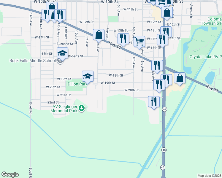 map of restaurants, bars, coffee shops, grocery stores, and more near 604 West 20th Street in Rock Falls