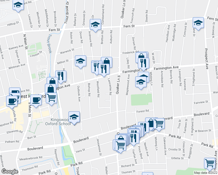 map of restaurants, bars, coffee shops, grocery stores, and more near 37 Lancaster Road in West Hartford