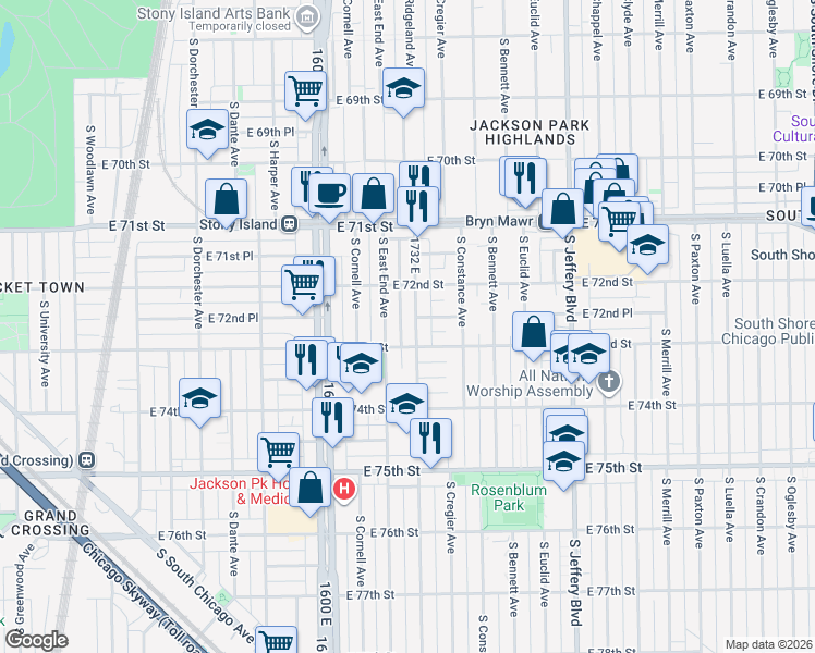 map of restaurants, bars, coffee shops, grocery stores, and more near 7242 South Ridgeland Avenue in Chicago